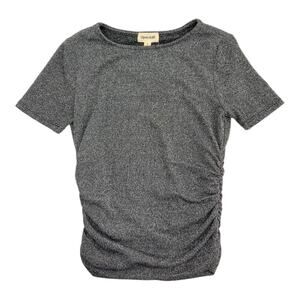 Open Edit Metallic Black Silver Short Sleeve Ruched Top Size Small NWT $35 MSRP